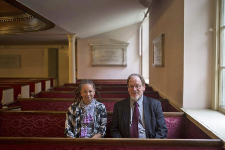 Marcy Makinen, a member of the church's Racial Justice Team, and Angus Ferguson, coordinator of Rally4Justice at First Parish Church, are involved in discussions about memorials to a founding pastor from the 1700s, the Rev. Thomas Smith.