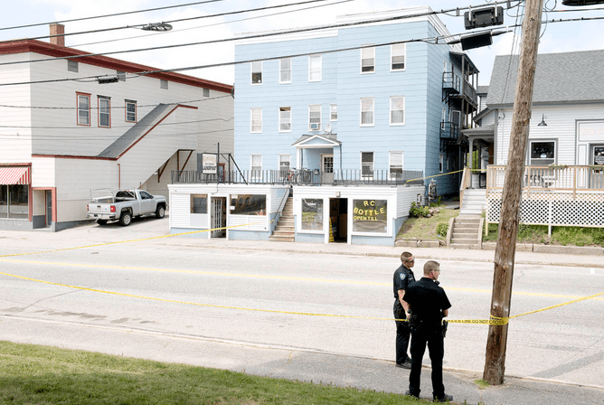 Lewiston police officers closed Sabattus Street, between Oak and College streets, while investigating a fatal stabbing outside Rancourt’s Laundromat on Sunday morning.  