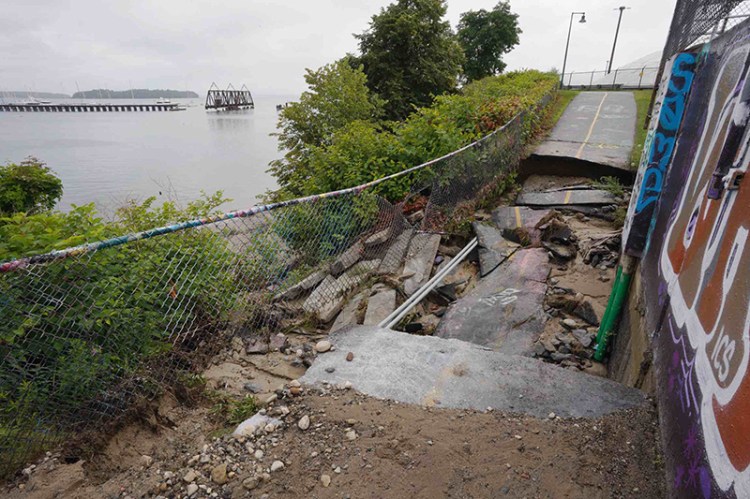 This section of Portland's Eastern Prom Trail was washed away on July 26.