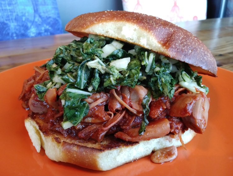 The Jack is served at Yeto's in Biddeford and features roasted jackfruit with barbecue sauce and dill slaw on a vegan roll.