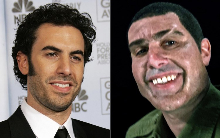This combination photo shows Sacha Baron Cohen at the Golden Globe Awards in 2007, left, and Cohen portraying retired Israeli Col.Erran Morad in a still from the Showtime series "Who Is America?"