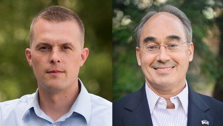 A new poll shows that state Rep. Jared Golden, left, could win the 2nd District Republican race against U.S. Rep. Bruce Poliquin once ranked-choice voting preferences are factored in.