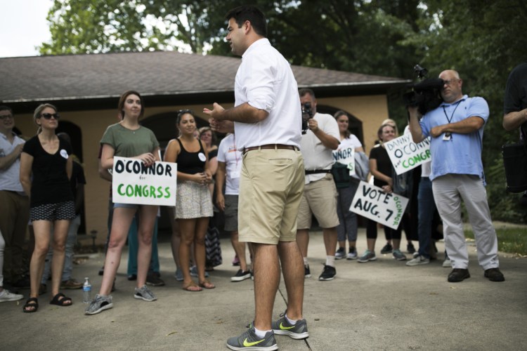 Ohio Democratic congressional candidate Danny O'Connor speaks during a volunteer canvas launch in Columbus, Ohio, on Aug. 5.