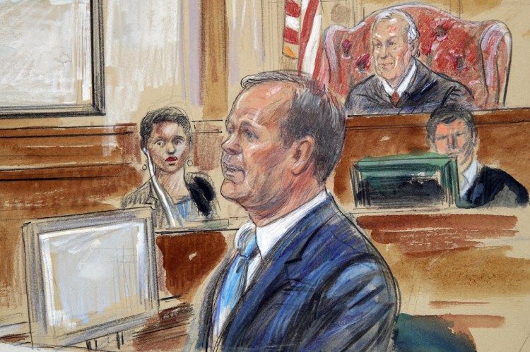A courtroom sketch depicts Rick Gates, right, testifying the bank fraud and tax evasion trial of Paul Manafort in August.