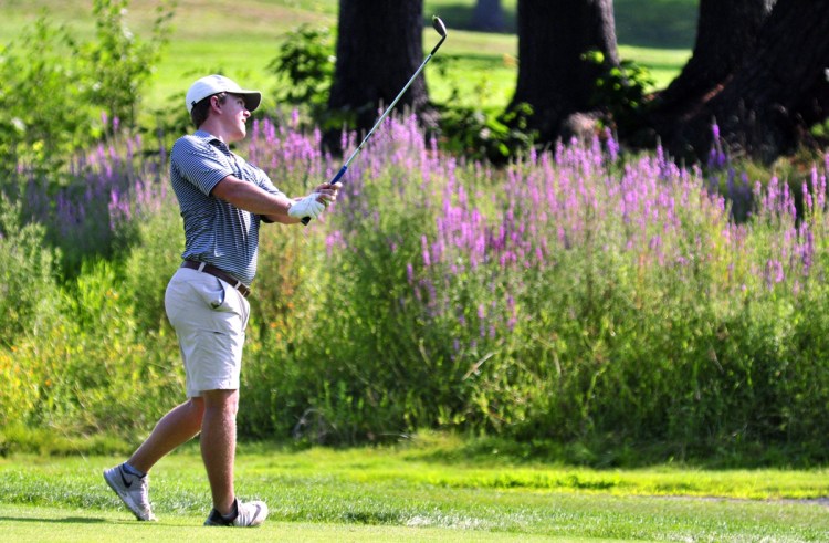 Jack Wyman of South Freeport was at 6 under before back-to-back bogeys on the final two holes Tuesday at the Maine Open at the Augusta Country Club. He is two shots behind leaders Chelso Barrett and Peter French.
