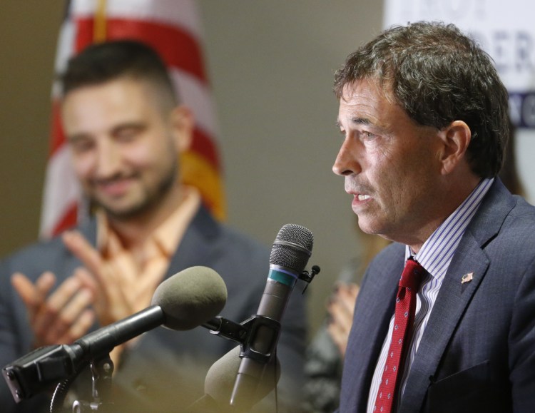 Troy Balderson, Republican candidate for Ohio's 12th Congressional District, speaks to a crowd of supporters during an election night party on Tuesday.
