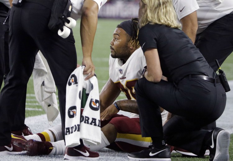Rookie running back Derrius Guice was one of two Washington players who sustained season-ending ACL injuries Thursday night against the Patriots.