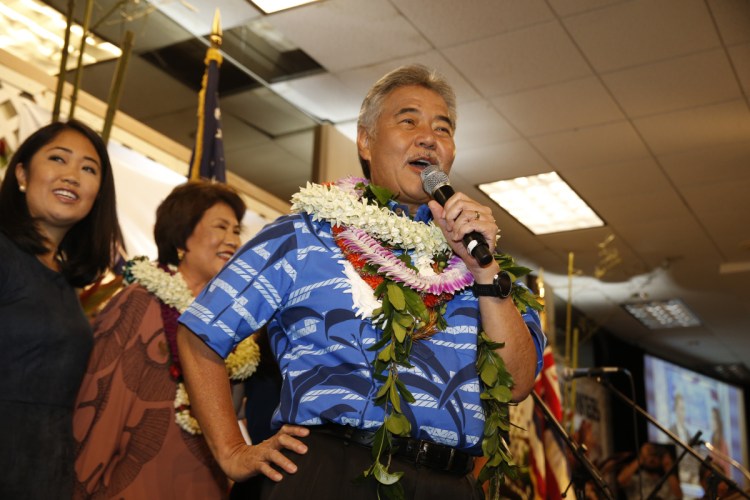 Hawaii Gov. David Ige speaks to supporters at his campaign headquarters, Saturday night in Honolulu.