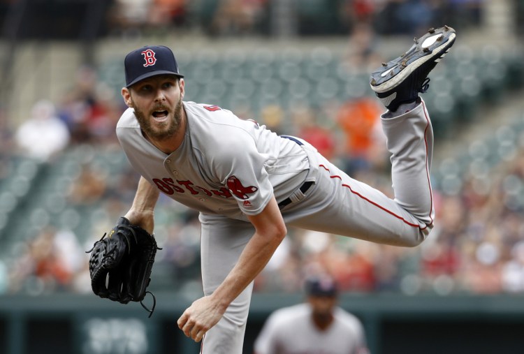 Red Sox starting pitcher Chris Sale pitched five scoreless innings, striking out 12 and allowing just one hit and Boston won 4-1 on Sunday in Baltimore.