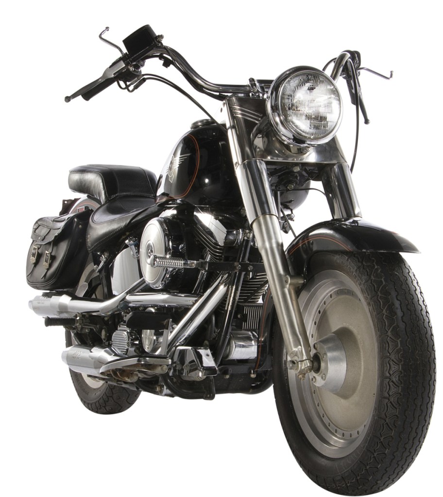 This image released by Profiles in History shows a 1991 Harley-Davidson Fat Boy motorcycle used in the film, "Terminator 2: Judgement Day," which is among the items from Hollywood films up for auction in June. (Profiles in History via AP)