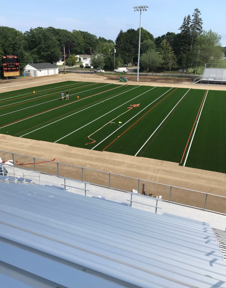 The installation of a new artificial turf at Waterhouse Field in Biddeford is under way and is expected to be completed on Aug. 23.