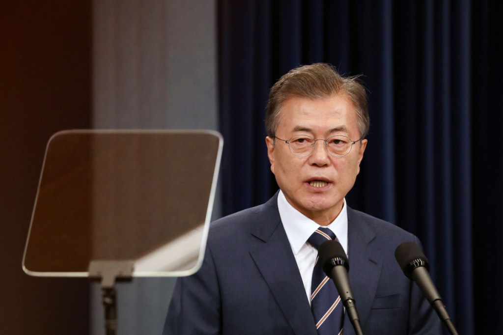 South Korean President Moon Jae-in at a news conference at the presidential Blue House in Seoul, South Korea, on May 27, 2018. MUST CREDIT: Bloomberg photo by SeongJoon Cho.