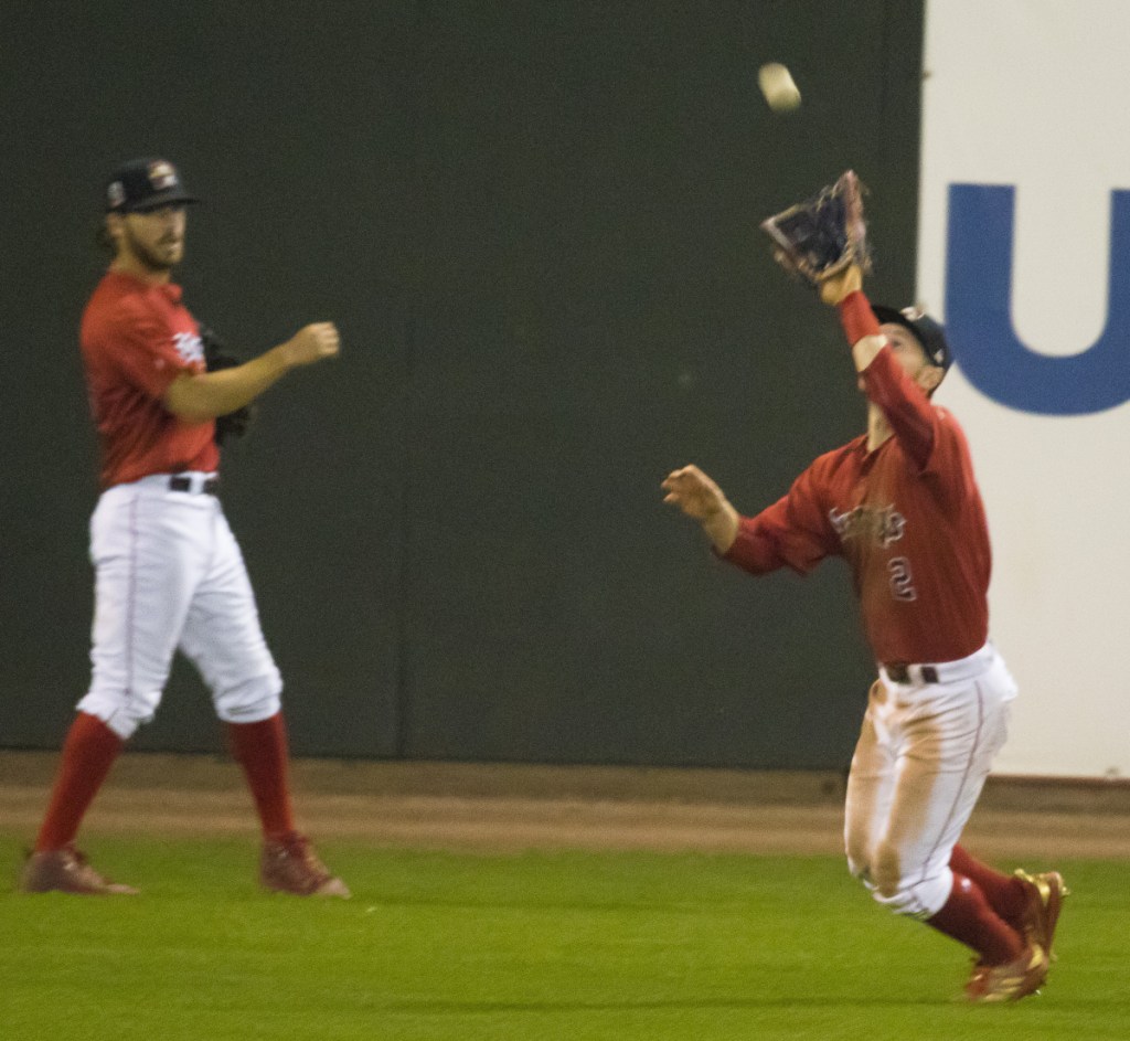 Outfielder Danny Mars of the Portland Sea Dogs has his eyes on the ball and prepares to make the catch Friday night during the fifth inning of the 8-1 loss to the Altoona Curve at Hadlock Field.