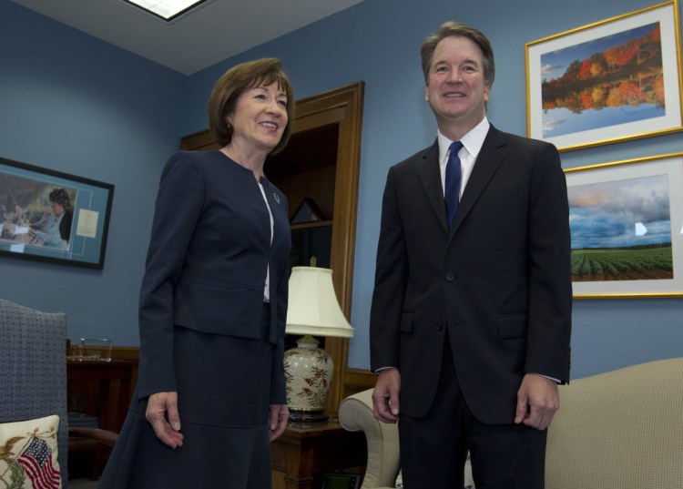 Republican Sen. Susan Collins meets with Supreme Court nominee Brett Kavanaugh at her office on Capitol Hill in Washington. "We had a very good, thorough discussion," the Maine lawmaker said.