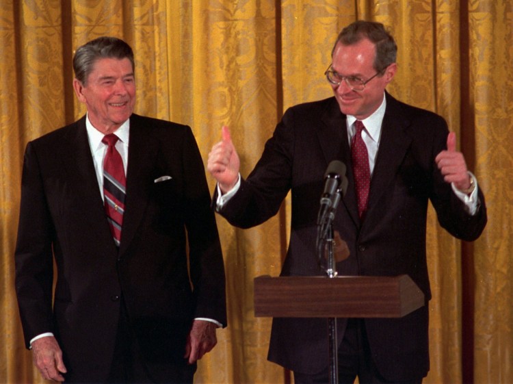 Anthony Kennedy, right, seen after being sworn in to the Supreme Court in 1988, was President Reagan's third nominee – the Senate rejected the first one, and a reader hopes for similar discretion on the choice of Brett Kavanaugh.