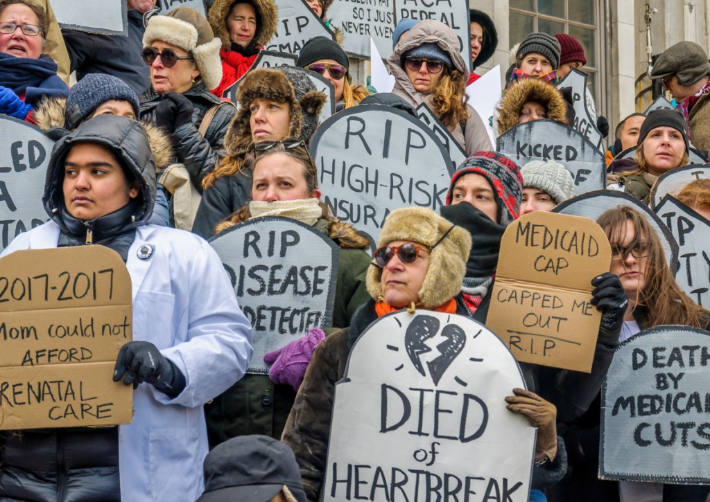 New Yorkers rally against a Republican health care bill in March 2017. Republicans seeking office in November are struggling to put together a cohesive message on health care.