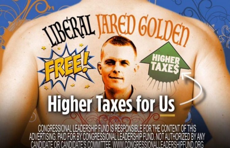 A new TV ad criticizing Democrat Jared Golden's record ends with a shot of a man's back with a tattoo-like image headlined "Liberal Jared Golden."