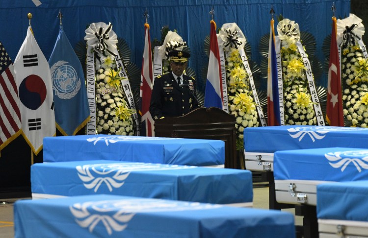 U.S. General Vincent Brooks, commander of the United Nations Command, U.S. Forces Korea, and Combined Forces Command, speaks during a repatriation ceremony for the remains of U.S. soldiers killed in the Korean War and collected in North Korea, at the Osan Air Base in Pyeongtaek, South Korea on Wednesday, Aug. 1, 2018. 