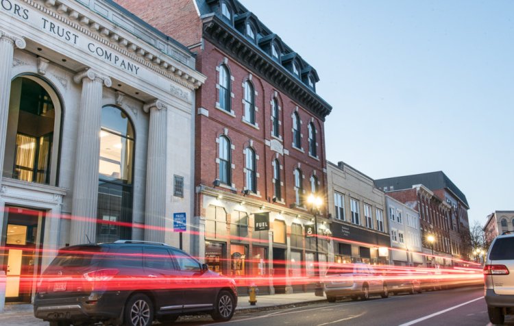 The brick Lyceum Hall building that houses Fuel restaurant on Lisbon Street in Lewiston is one of several high-profile historic buildings in the city that were redeveloped with the use of the federal historic tax credit. 
