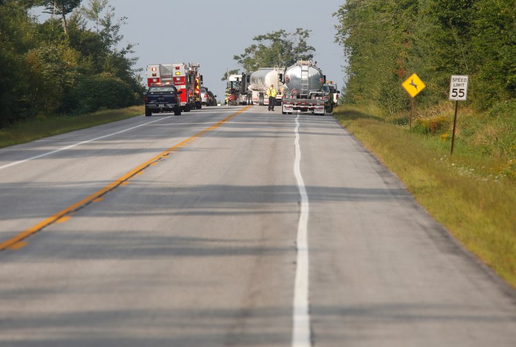 The scene on the Gorham bypass on Tuesday after an SUV crossed the centerline and struck a fuel truck.