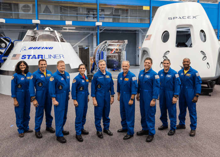 The first group of U.S. astronauts who will fly on American-made, commercial spacecraft to and from the International Space Station –since the space shuttle’s retirement in 2011.  The astronauts are, from left to right: Sunita Williams, Josh Cassada, Eric Boe, Nicole Mann, Christopher Ferguson, Douglas Hurley, Robert Behnken, Michael Hopkins and Victor Glover.
