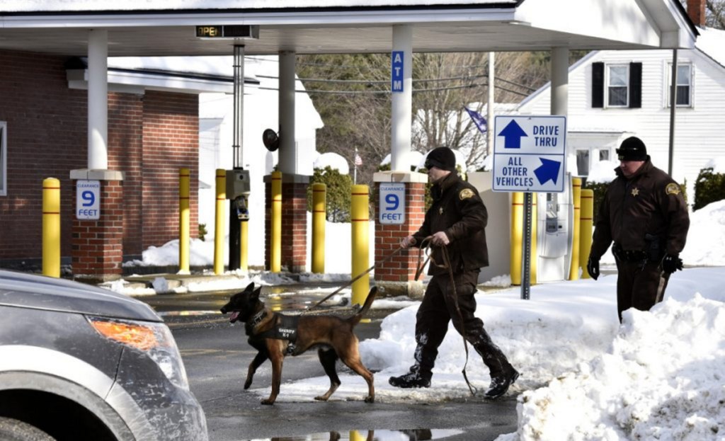 Police officers and a dog look for evidence in January near the drive-thru section after an armed robbery at the Skowhegan Savings Bank branch in Norridgewock.
