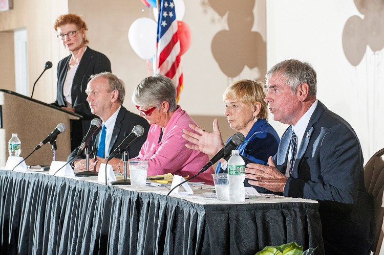 Maine's candidates for governor, seated from left, Alan Caron, Terry Hayes, Janet Mills and Shawn Moody, met Sept. 10 in Lewiston for a candidate forum hosted by the Auburn Metropolitan Chamber of Commerce.  Next week the debate season will get underway in earnest.