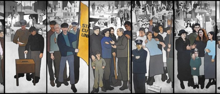 The mural, by artist Judy Taylor, was erected in 2008. It depicts several moments in Maine labor history, including a 1937 shoe mill strike in Auburn and Lewiston and "Rosie the Riveter" at Bath Iron Works.