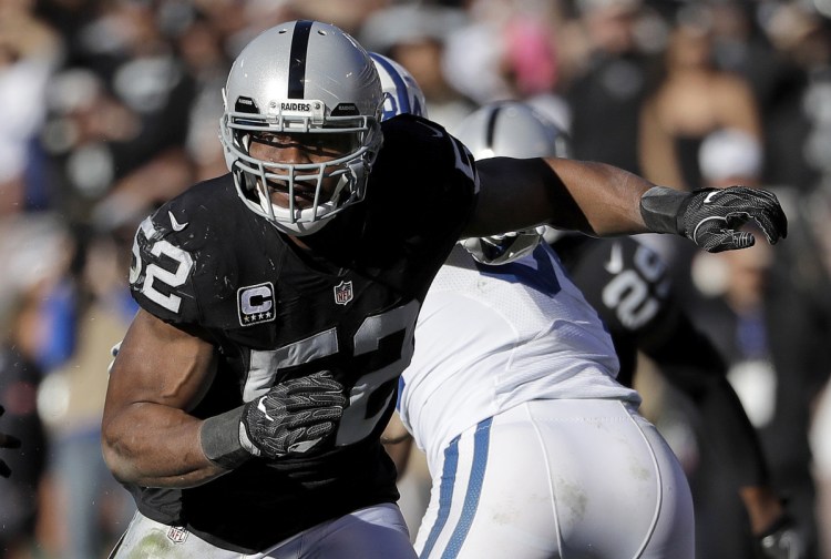 Defensive end Khalil Mack was traded from the Raiders to the Bears on Saturday.