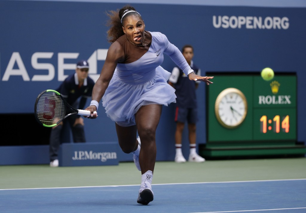 Serena Williams chases down a shot from Kaia Kanepi of Estonia during their fourth-round match at the U.S. Open in New York. Williams needed a 6-3 victory in the third set to move on after a shaky second set put the outcome in doubt.