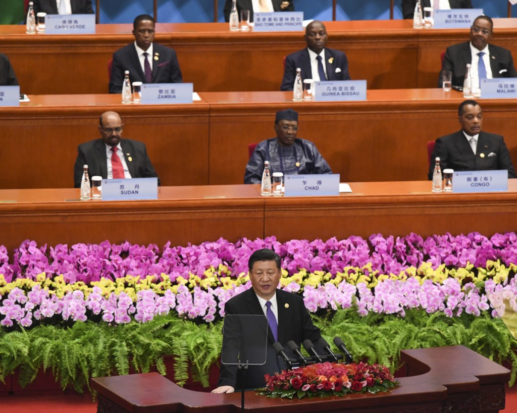 China's President Xi Jinping, front center, gives a speech during the opening ceremony of the Forum on China-Africa Cooperation on Monday.