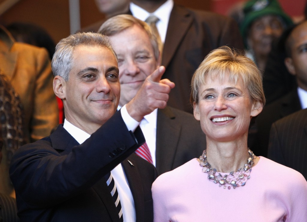 Associated Press/Charles Rex Arbogast
In this May 16, 2011, file photo, Chicago Mayor-elect Rahm Emanuel, left, and his wife, Amy Rule, look out into the crowd during his inaugural ceremony in Chicago. Emanuel, a Democratic congressman and chief of staff to President Barack Obama before becoming mayor in 2011, announced Tuesday, Sept. 4, 2018, that he won't seek a third term in 2019.