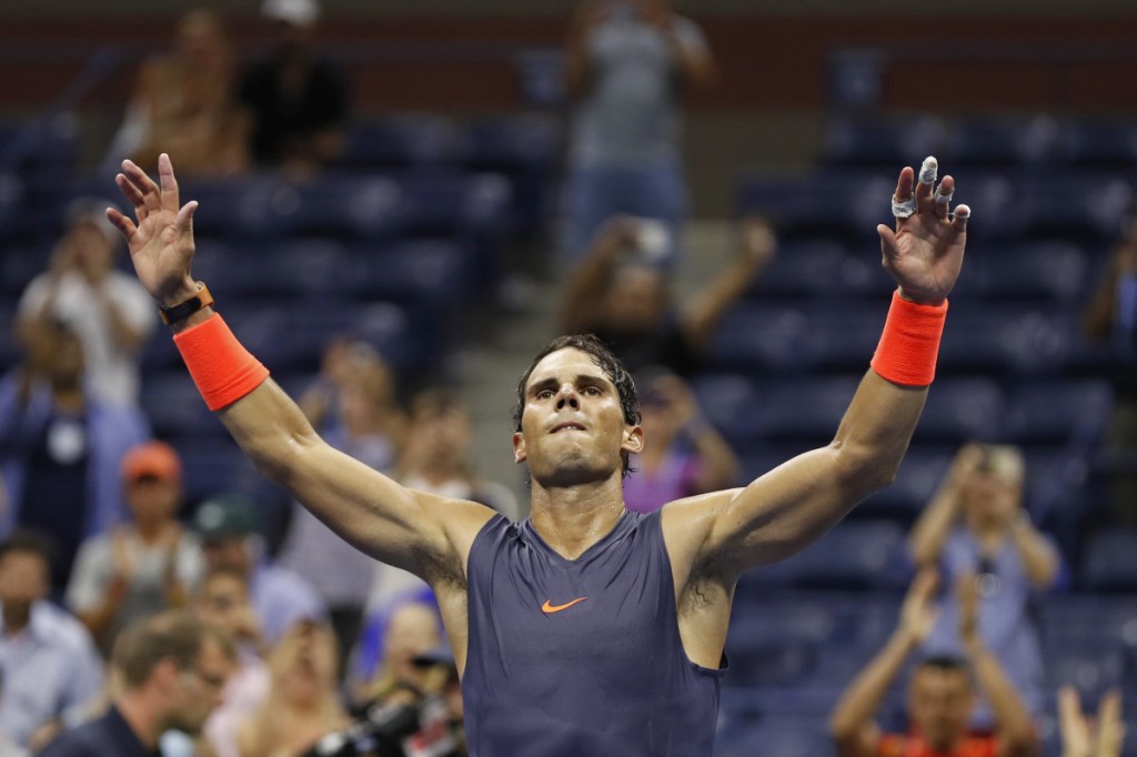 Rafael Nadal celebrates after defeating Dominic Thiem during the quarterfinals of the U.S. Open on Wednesday. (AP Photo/Adam Hunger)