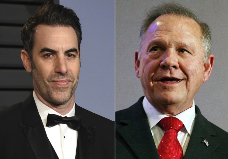 Sacha Baron Cohen, left, is being sued by former U.S. Senate candidate Roy Moore, who says he "suffered extreme emotional distress" from being pranked.