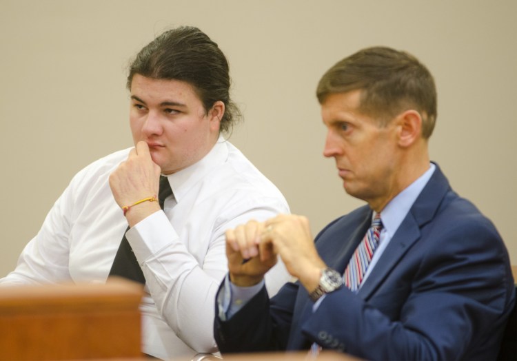 Andrew Balcer, left, sits with his attorney, Walter McKee, during a hearing on Oct. 26, 2017 at the Capital Judicial Center in Augusta. He is expected to plead guilty this month.