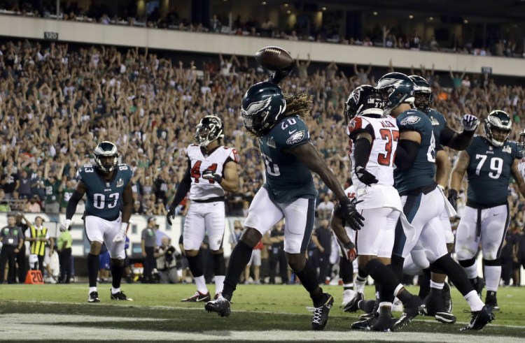 Philadelphia's Jay Ajayi celebrates after scoring a touchdown in the second half Thursday night against the Atlanta Falcons at Philadelphia.