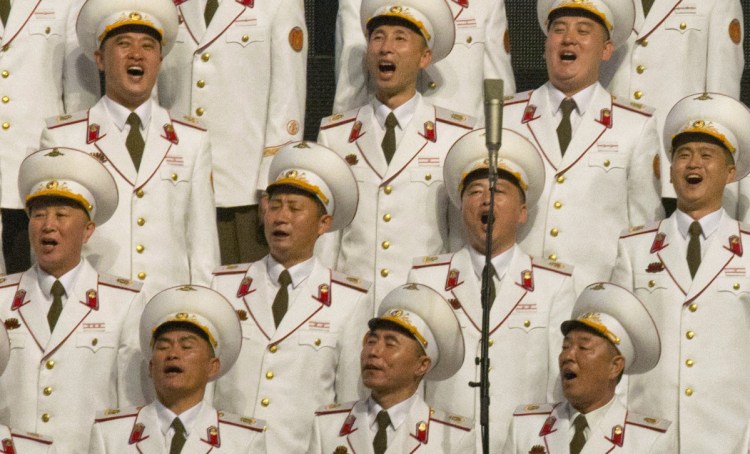 North Korea's military choir sings Saturday on the eve of the 70th anniversary of the country's founding day in Pyongyang.