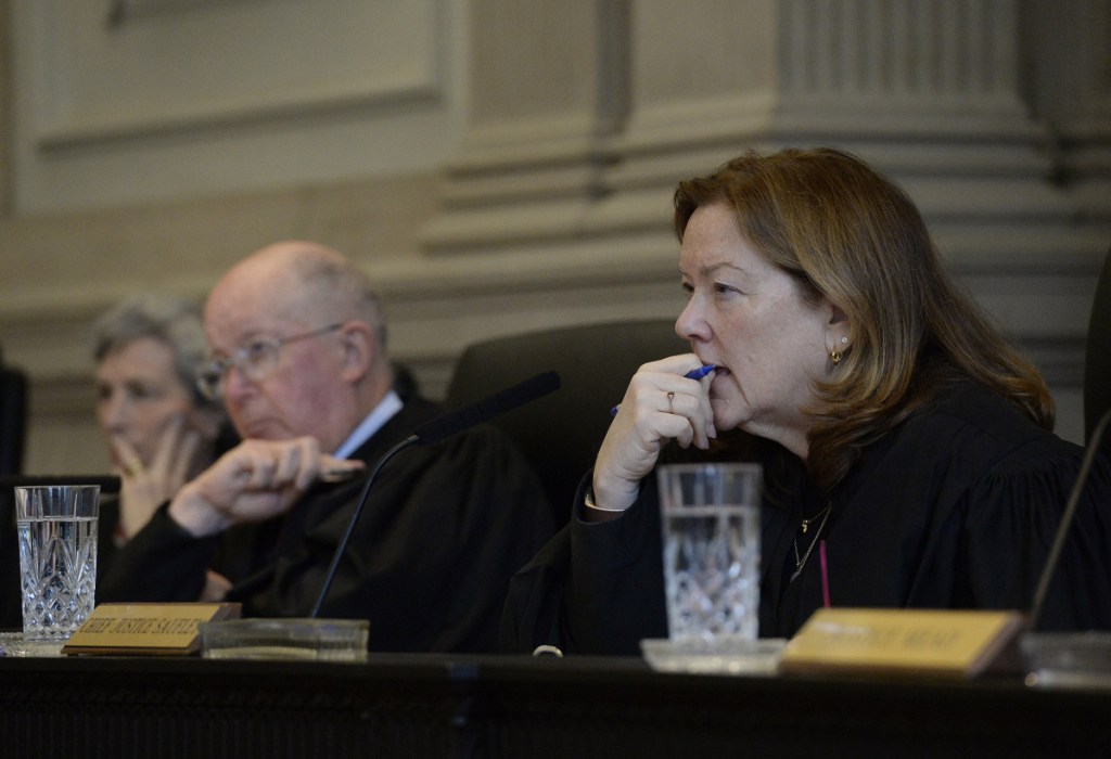 Chief Justice Leigh Saufley of the Maine Supreme Judicial Court listens to arguments in the case against Anthony Lord on Wednesday in Portland.