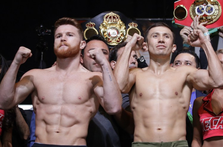 Canelo Alvarez, left, says he envisions scoring a knockout in their rematch Saturday night, but it's Gennady Golovkin, right, who has the better knockout record: 34 in 39 fights.
