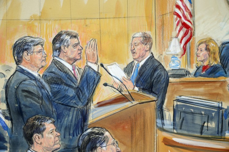 This courtroom sketch depicts former Trump campaign chairman Paul Manafort, center, and his defense lawyer Richard Westling, left, before U.S. District Judge Amy Berman Jackson, seated upper right, at federal court in Washington. Manafort has pleaded guilty to two federal charges as part of a cooperation deal with prosecutors. The deal requires him to cooperate "fully and truthfully" with special counsel Robert Mueller's Russia investigation.