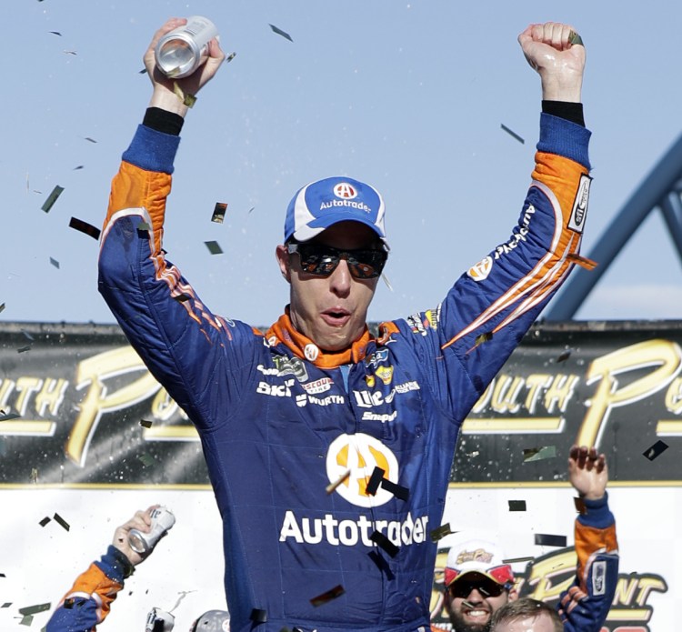 Brad Keselowski celebrates after winning the NASCAR Cup Series playoff opener Sunday in Las Vegas. It was the third straight victory for Keselowski, and the 500th for team owner Roger Penske across all competitions.