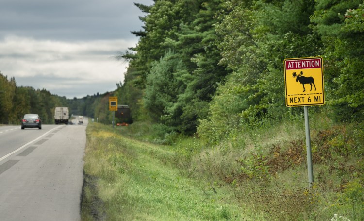 A sign on I-95 in Sidney alerts motorists to an elevated chance of moose being in the road over the next six miles. Such warning signs are placed where there are known concentrations of moose or a history of collisions.
