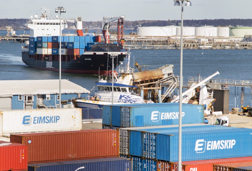 An Eimskip ship arrives at the Maine Port Authority in March. Container cargo units handled by Eimskip in Portland grew from 7,200 to over 17,500 in 2017 under departing managing director Larus Isfeld, at top.