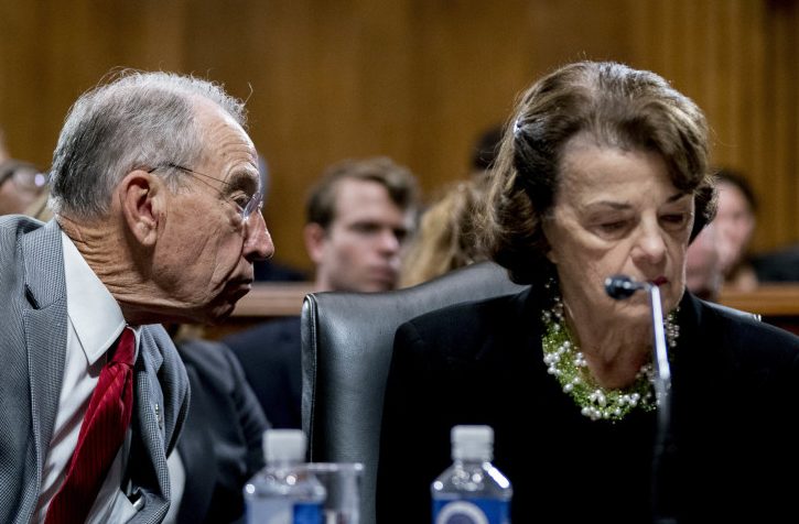 Members of the Senate Judiciary Committee, which will hear testimony Thursday from Brett Kavanaugh and his accuser, include Chairman Chuck Grassley, R-Iowa, left, Sen. Dianne Feinstein, D-Calif., and Sen. Patrick Leahy, D-Vt.
