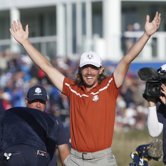 Europe's Tommy Fleetwood celebrates after winning a foursome match at the 42nd Ryder Cup outside Paris, France in Saturday.