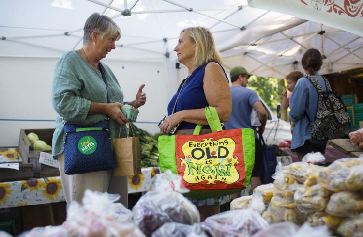 Independent Terry Hayes, left, talks with Carol Schiller of Portland at the Deering Oaks farmers market on Sept. 15. Hayes is state treasurer and a former Democrat. She wants to change the political culture in Augusta, where she says partisanship has "blossomed."