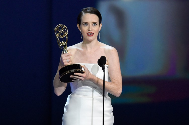 Claire Foy accepts the award for outstanding lead actress in a drama series for "The Crown" at the 70th Primetime Emmy Awards on Monday at the Microsoft Theater in Los Angeles. 