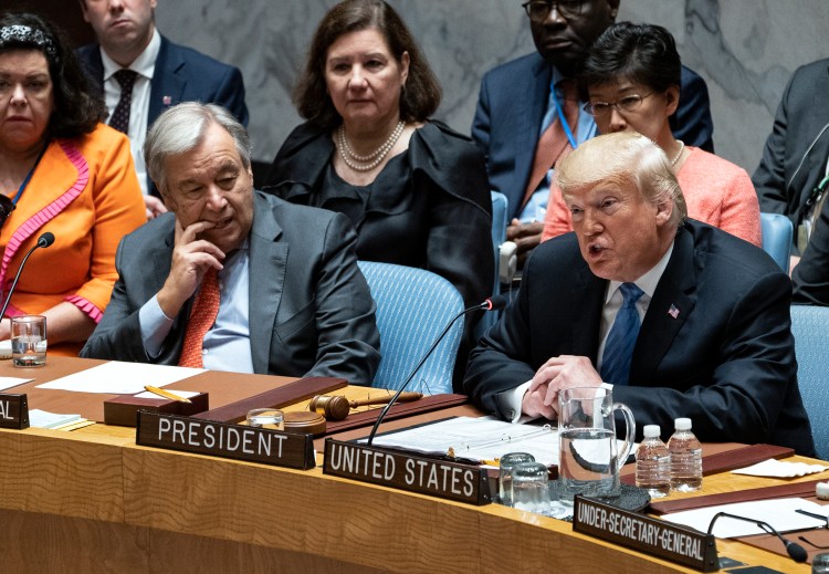 President Trump addresses the Security Council during the 73rd session of the United Nations General Assembly at U.N. headquarters Wednesday. At left is United Nations Secretary-General Antonio Guterres. 