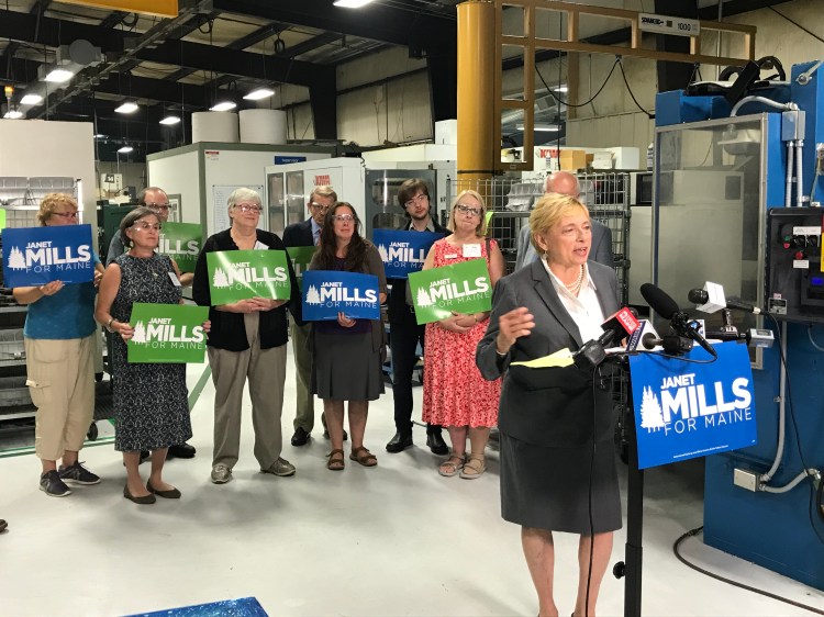 Attorney General Janet Mills, the Democratic candidate for governor, unveiled her economic “action plan” Tuesday on the factory floor of Kennebec Technologies in Augusta