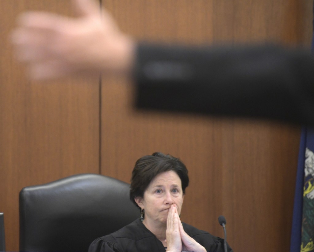 Justice Michaela Murphy listens to Deputy District Attorney Paul Cavanaugh's closing argument Monday during the trial of Scott Bubar at the Capital Judicial Center in Augusta.